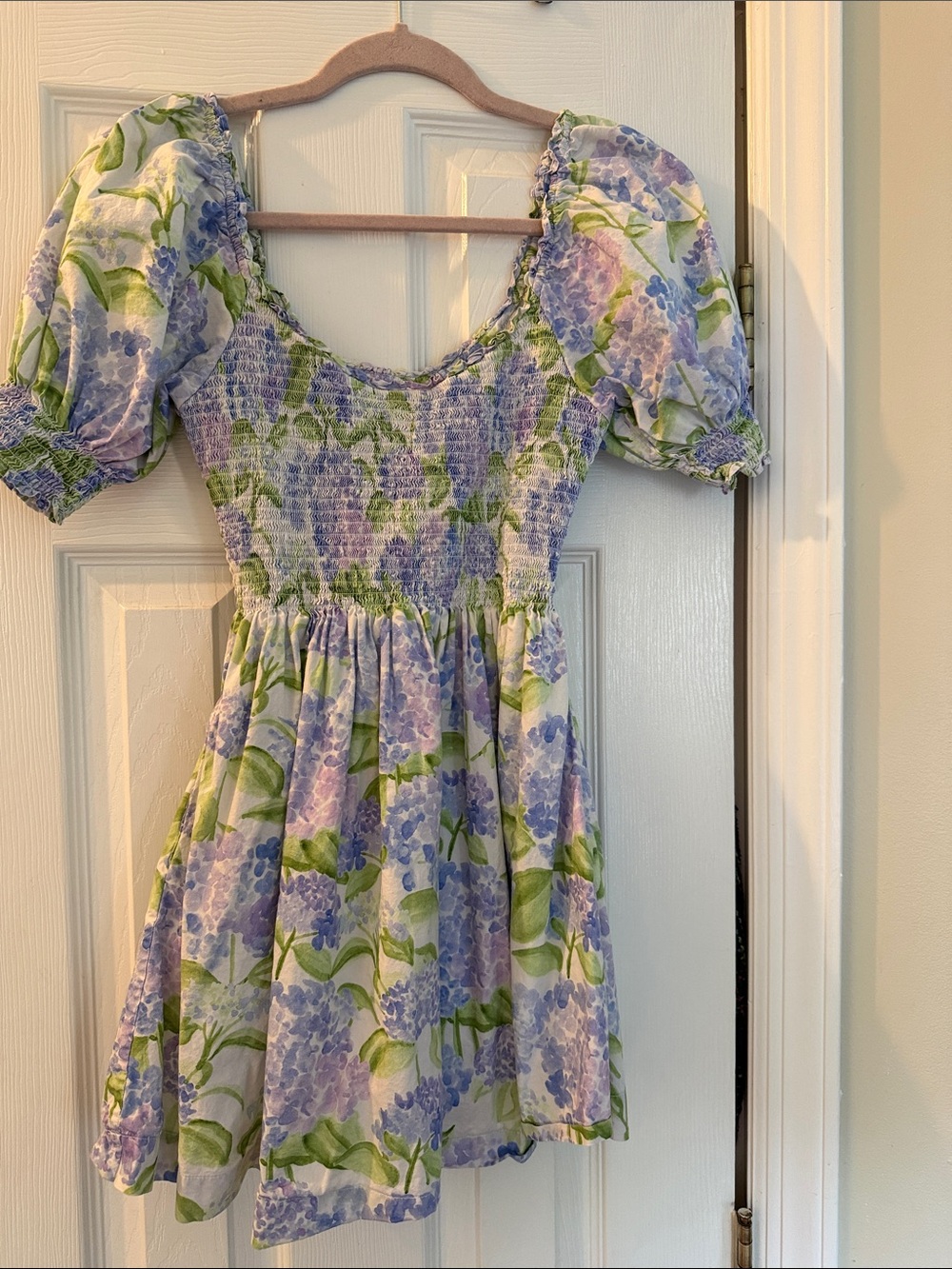 Hill House Floral Smocked Puff-Sleeve Mini Dress - Lavender & Green